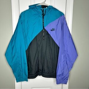 VTG Gray Tag Nike Teal Purple Black Color Block 1/4 Zip Hooded Windbreaker Med